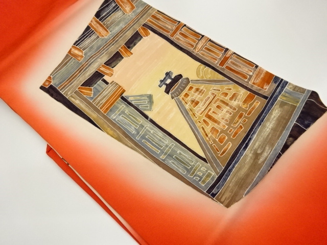 塩瀬金彩手描き城風景模様暈し名古屋帯